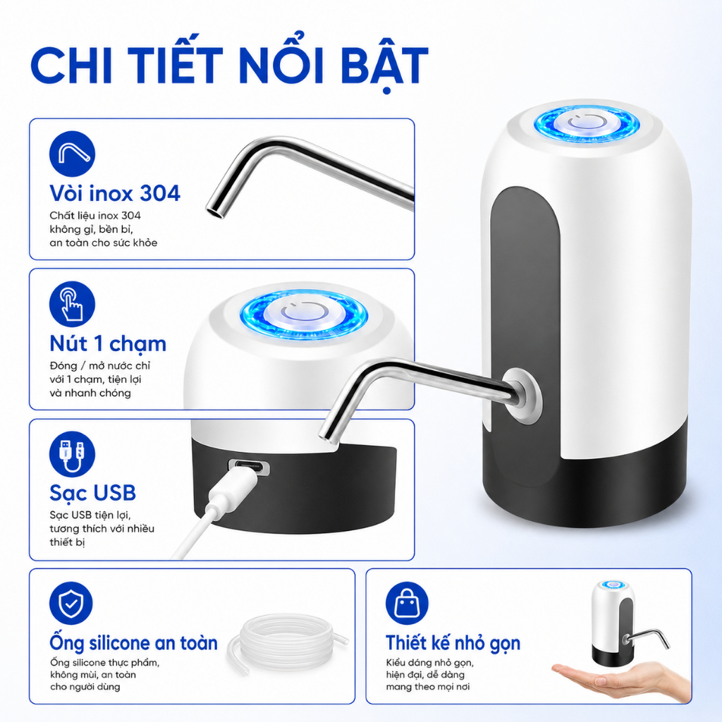 Máy Bơm Nước Tự Động Cho Bình 4.5L–18.9L｜Sạc USB｜Nhấn Một Chạm｜Vòi Inox｜Dễ Lắp Đặt