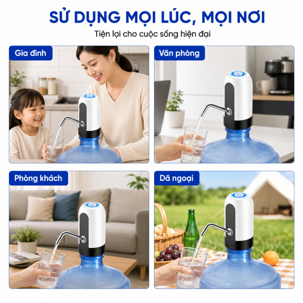Máy Bơm Nước Tự Động Cho Bình 4.5L–18.9L｜Sạc USB｜Nhấn Một Chạm｜Vòi Inox｜Dễ Lắp Đặt