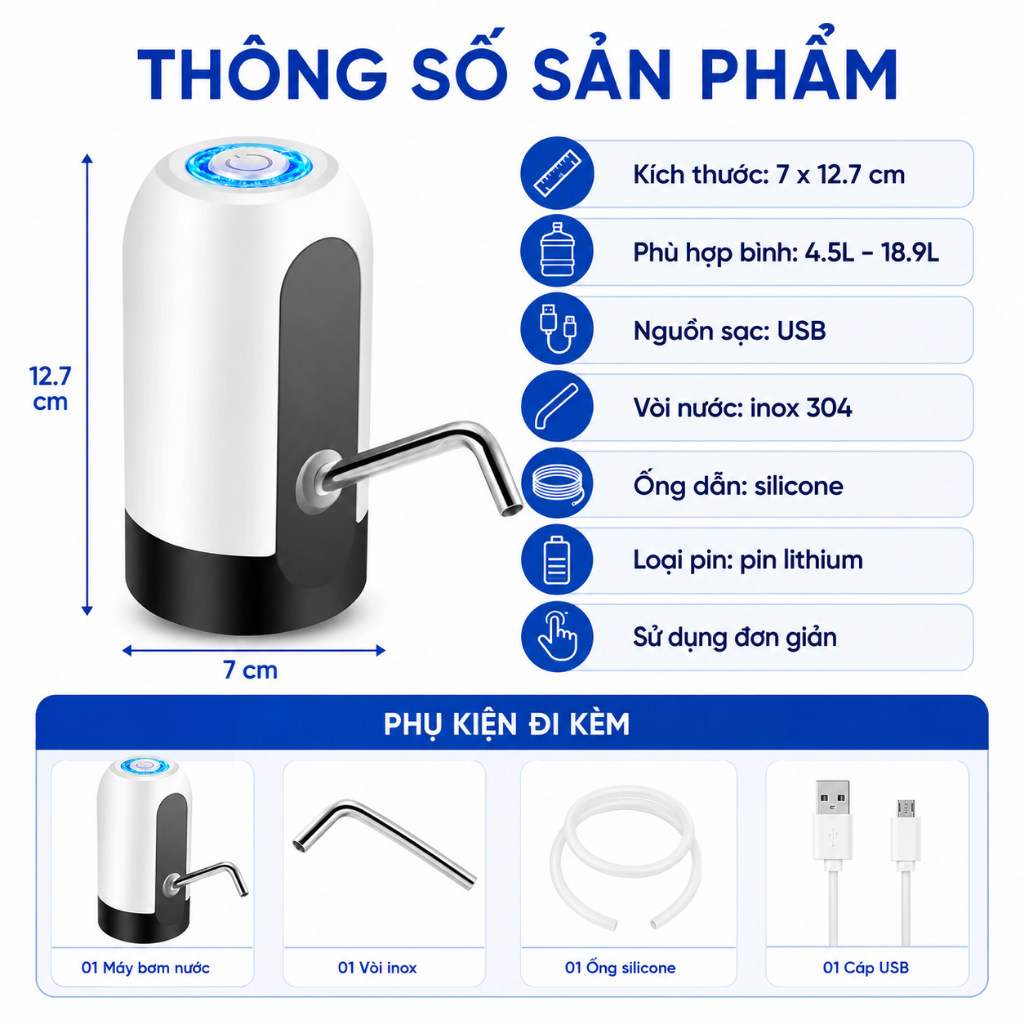 Máy Bơm Nước Tự Động Cho Bình 4.5L–18.9L｜Sạc USB｜Nhấn Một Chạm｜Vòi Inox｜Dễ Lắp Đặt