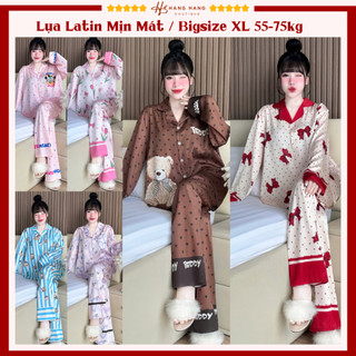Đồ ngủ nữ bigsize 55-75kg, pijama dài tay dài lụa latin mịn mát 75DD02, đồ bộ nữ đồ mặc nhà dễ thương sang chảnh cao cấp