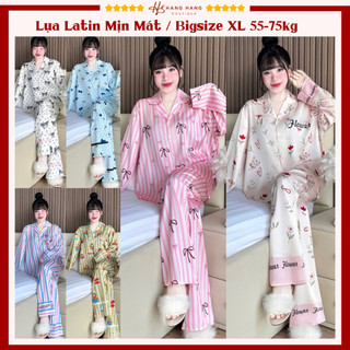 Đồ ngủ nữ bigsize 55-75kg, pijama dài tay dài lụa latin mịn mát 75DD02, đồ bộ nữ đồ mặc nhà dễ thương sang chảnh cao cấp