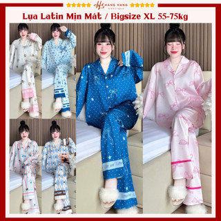Đồ ngủ nữ bigsize 55-75kg, pijama dài tay dài lụa latin mịn mát 75DD02, đồ bộ nữ đồ mặc nhà dễ thương sang chảnh cao cấp
