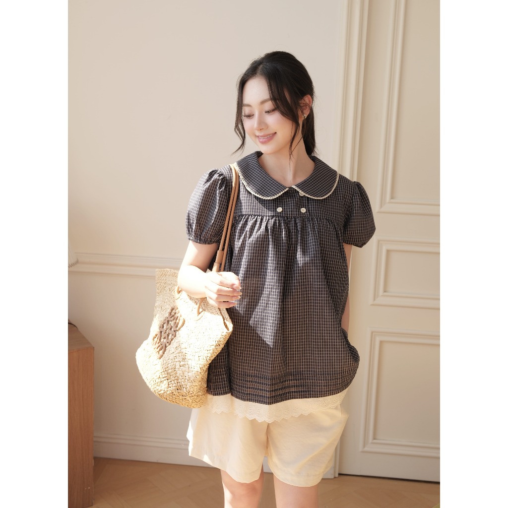 Áo Bầu RINA SHIRT - Chất Vải Thô Kẻ Ít Nhăn, Cổ Sen Tay Bồng Chun Gấu Thoải Mái - L'amme