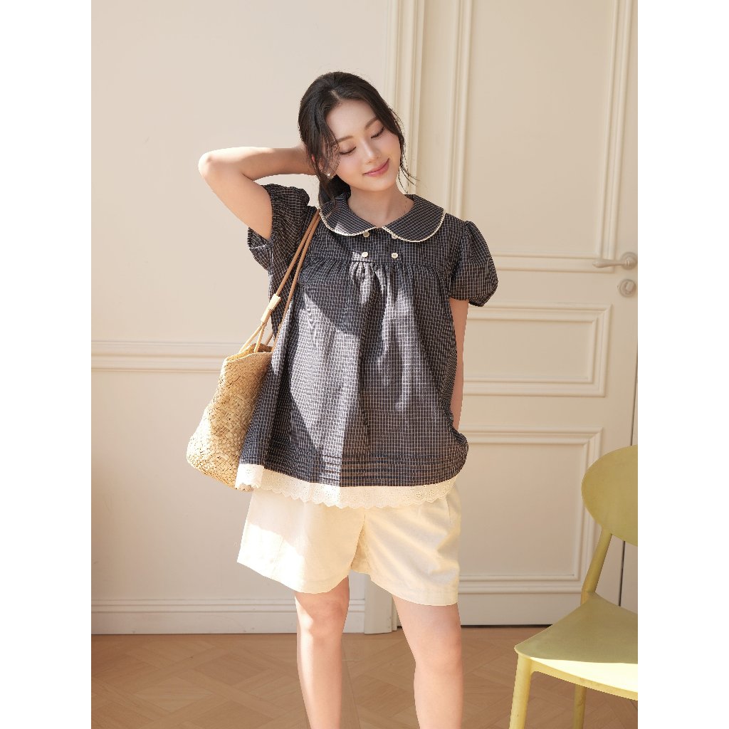 Áo Bầu RINA SHIRT - Chất Vải Thô Kẻ Ít Nhăn, Cổ Sen Tay Bồng Chun Gấu Thoải Mái - L'amme