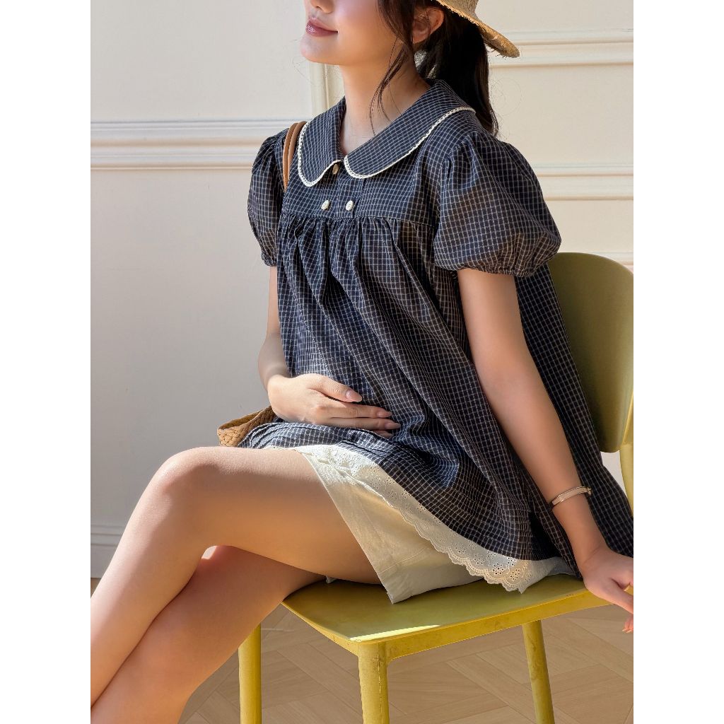 Áo Bầu RINA SHIRT - Chất Vải Thô Kẻ Ít Nhăn, Cổ Sen Tay Bồng Chun Gấu Thoải Mái - L'amme