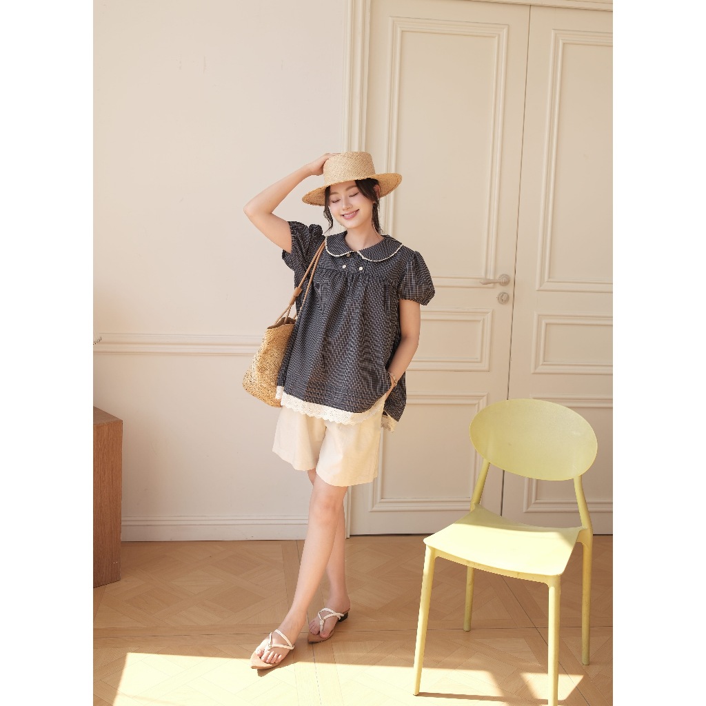 Áo Bầu RINA SHIRT - Chất Vải Thô Kẻ Ít Nhăn, Cổ Sen Tay Bồng Chun Gấu Thoải Mái - L'amme