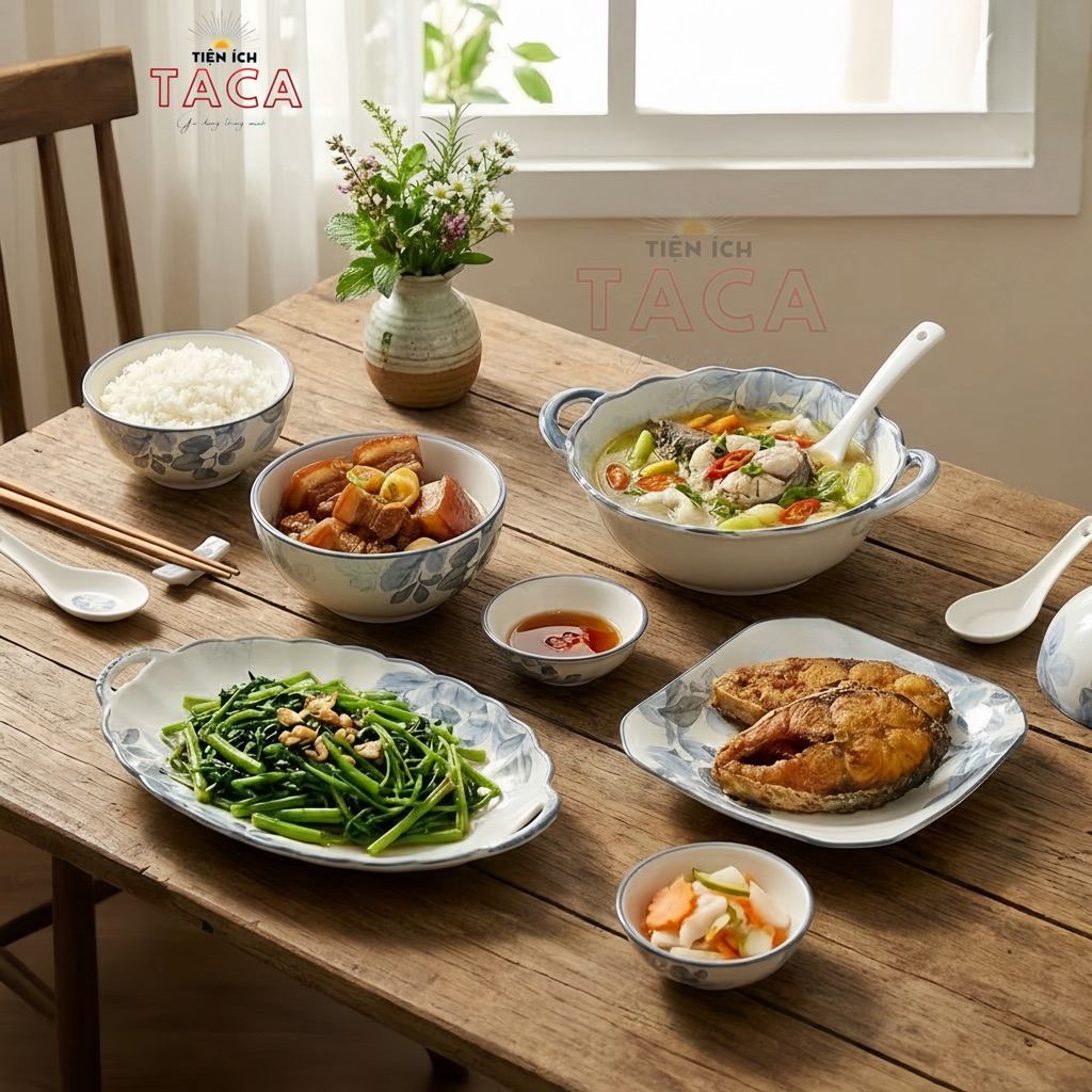 (Sứ Cao Cấp) Bộ bát hoạ tiết Hoa Diệp Hồng Gốm Sứ Cao Cấp 30 chi tiết