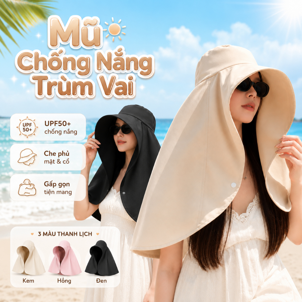 Mũ Chống Nắng Vành Rộng 39cm Kèm Khăn Choàng Bảo Vệ Mặt Cổ Ngăn Tia UV, Gấp Gọn, Thoáng Mát
