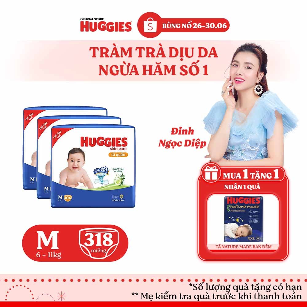 Combo 3 Tã quần Huggies Skincare Mega Jumbo M106/L96+8/XL84+4/XXL76+4