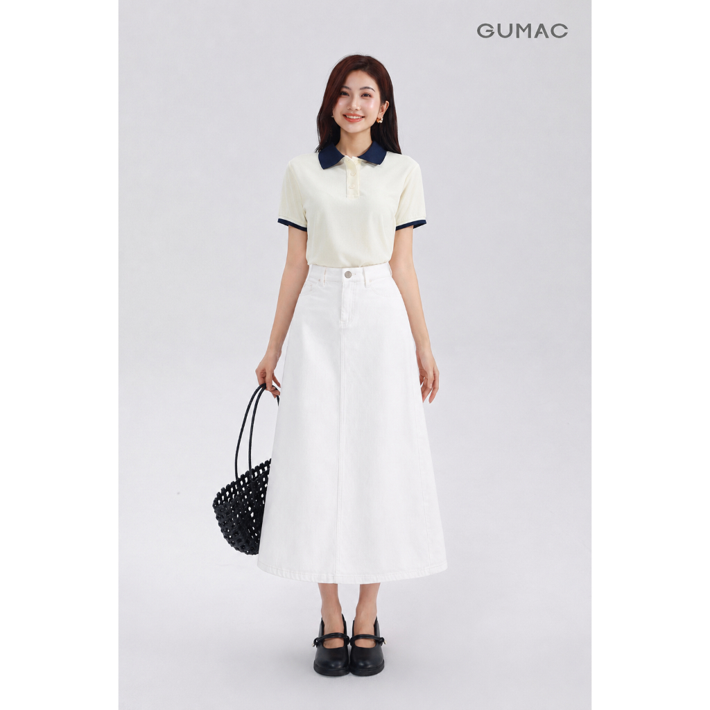 Chân Váy Midi Nữ GUMAC Form A Cạp Cao Chất Denim Mềm Dài Qua Gối Có Túi Dễ Phối Đồ LVG06046