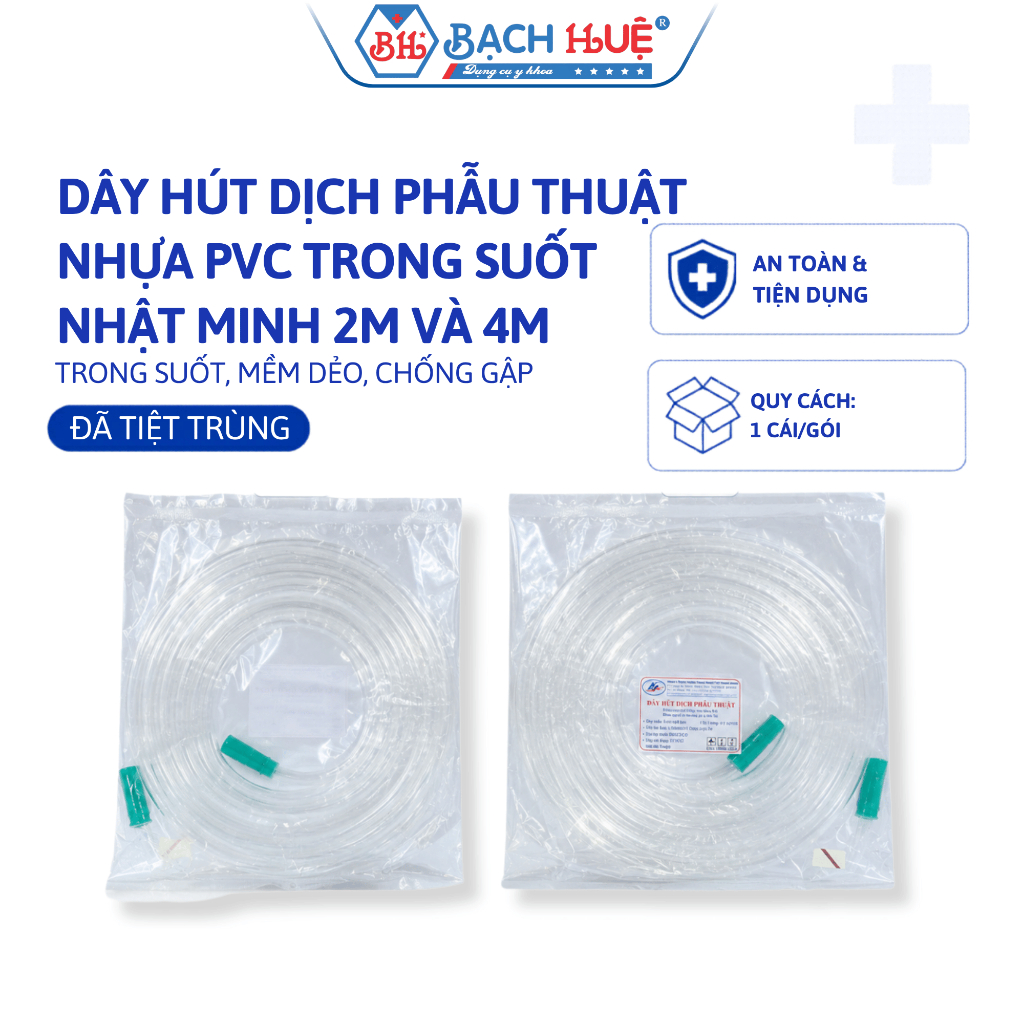 Dây Hút Dịch Phẫu Thuật Nhựa PVC Trong Suốt Nhật Minh 2m và 4m - Ống Mềm Dẻo Chống Gập Đã Tiệt Trùng
