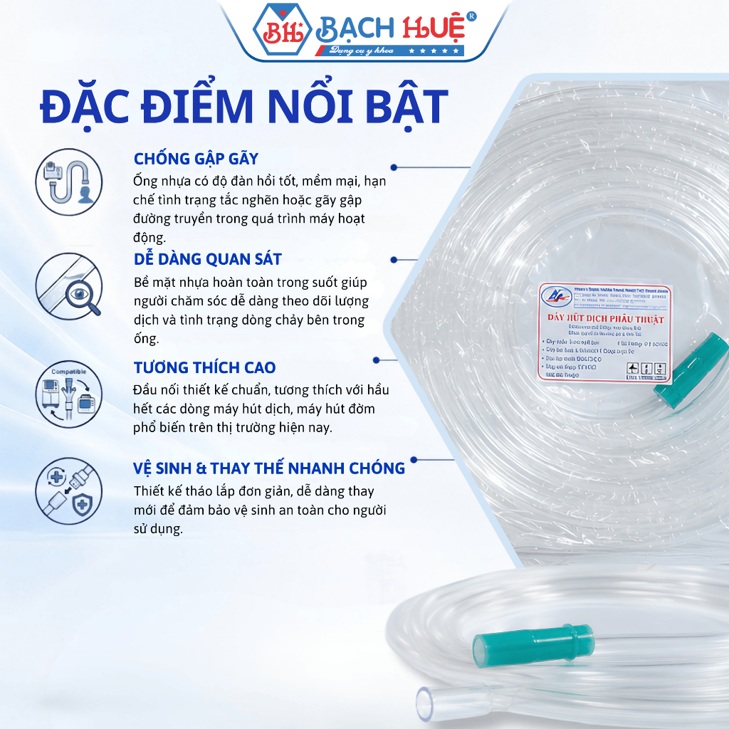 Dây Hút Dịch Phẫu Thuật Nhựa PVC Trong Suốt Nhật Minh 2m và 4m - Ống Mềm Dẻo Chống Gập Đã Tiệt Trùng