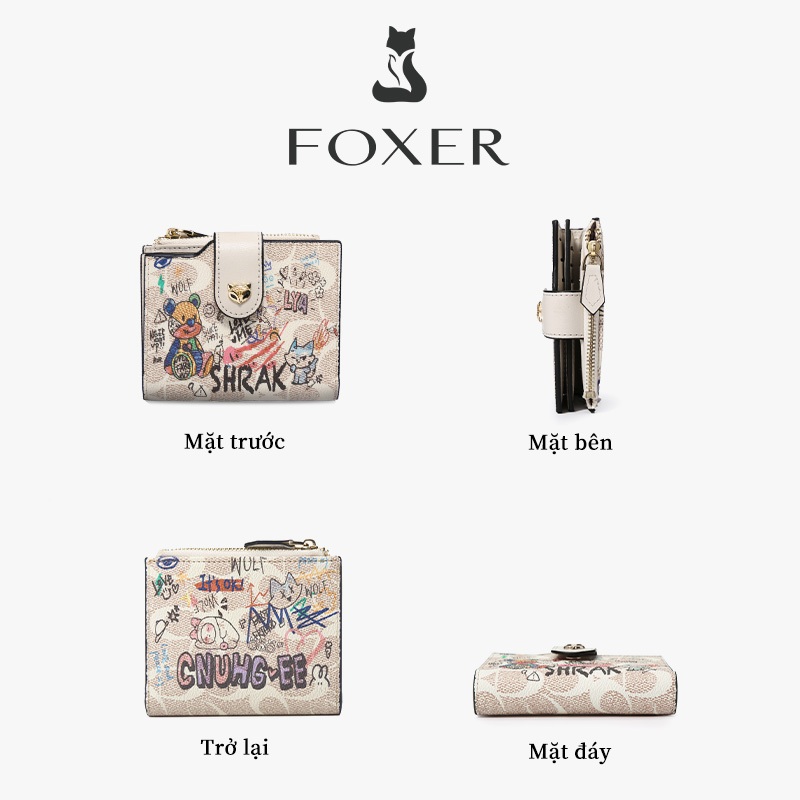 FOXERCHIC Ví nữ ngắn in gấu graffiti, nhiều khe thẻ có túi xu, mini mang đi hàng ngày