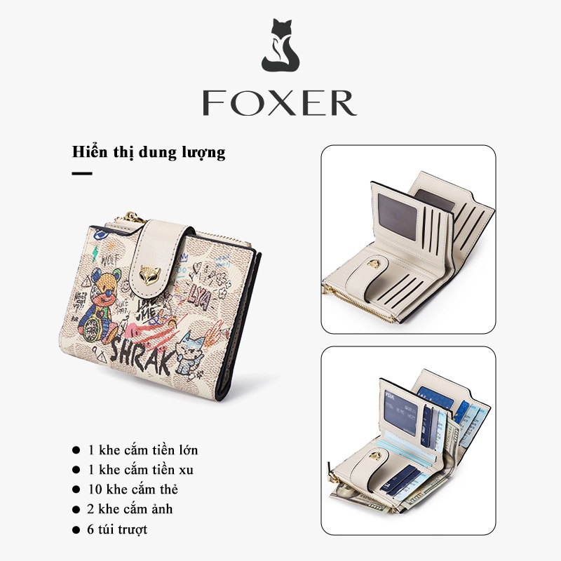 FOXERCHIC Ví nữ ngắn in gấu graffiti, nhiều khe thẻ có túi xu, mini mang đi hàng ngày
