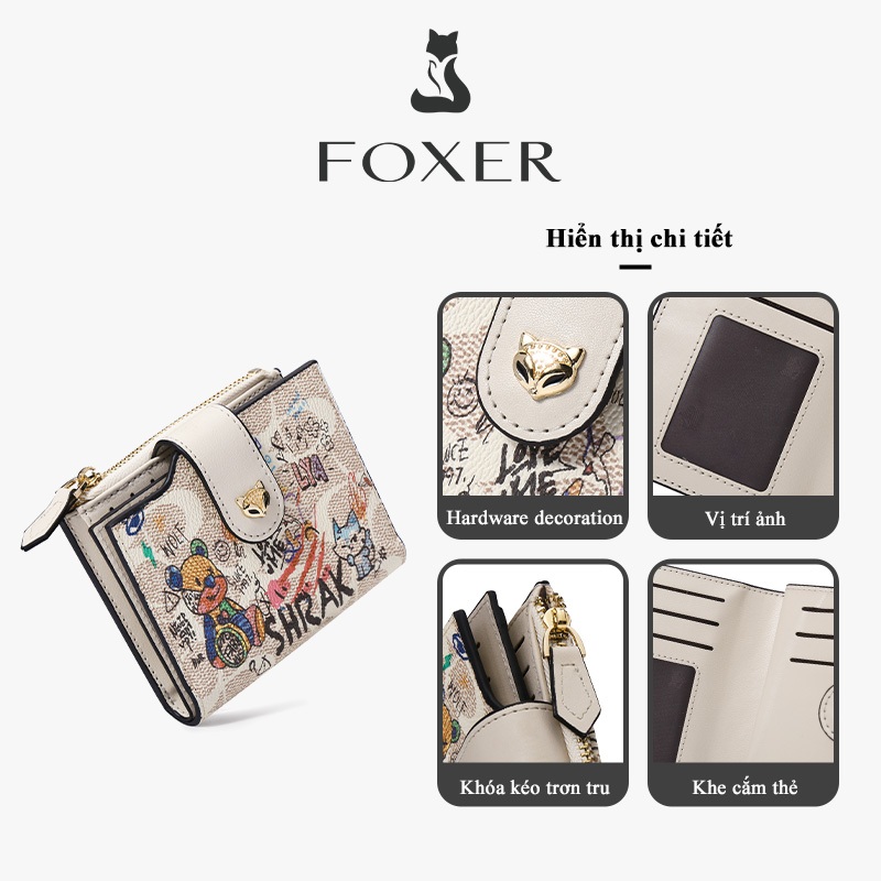FOXERCHIC Ví nữ ngắn in gấu graffiti, nhiều khe thẻ có túi xu, mini mang đi hàng ngày