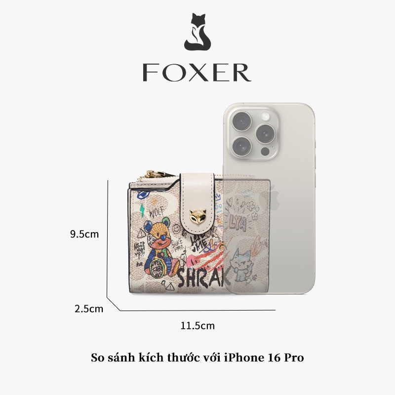 FOXERCHIC Ví nữ ngắn in gấu graffiti, nhiều khe thẻ có túi xu, mini mang đi hàng ngày