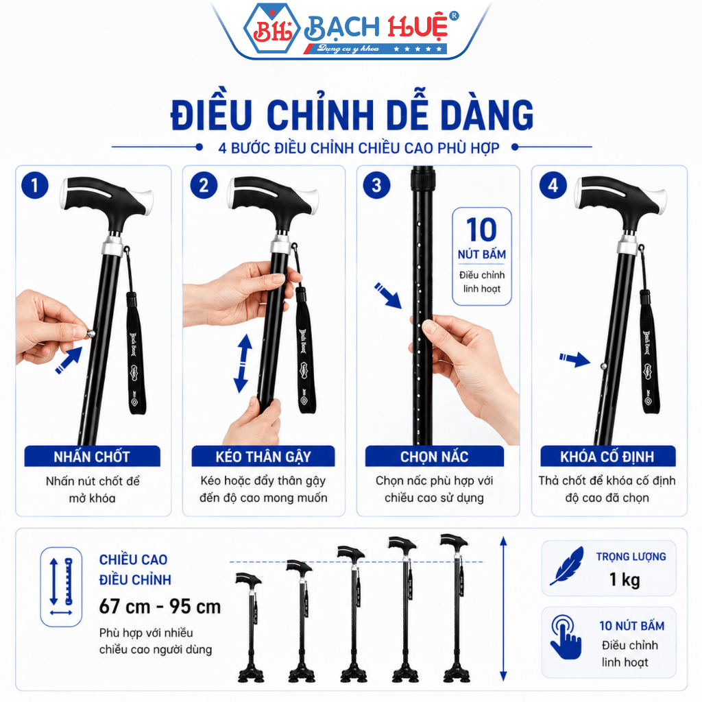 Gậy Nhôm, Gậy Chống Trượt Người Già GBM-024 Cao Cấp Điều Chỉnh Độ Cao - An toàn, tiện lợi