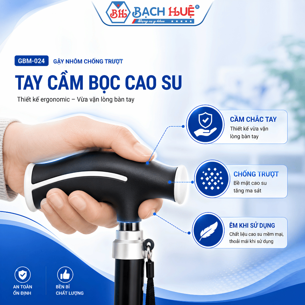 Gậy Nhôm, Gậy Chống Trượt Người Già GBM-024 Cao Cấp Điều Chỉnh Độ Cao - An toàn, tiện lợi