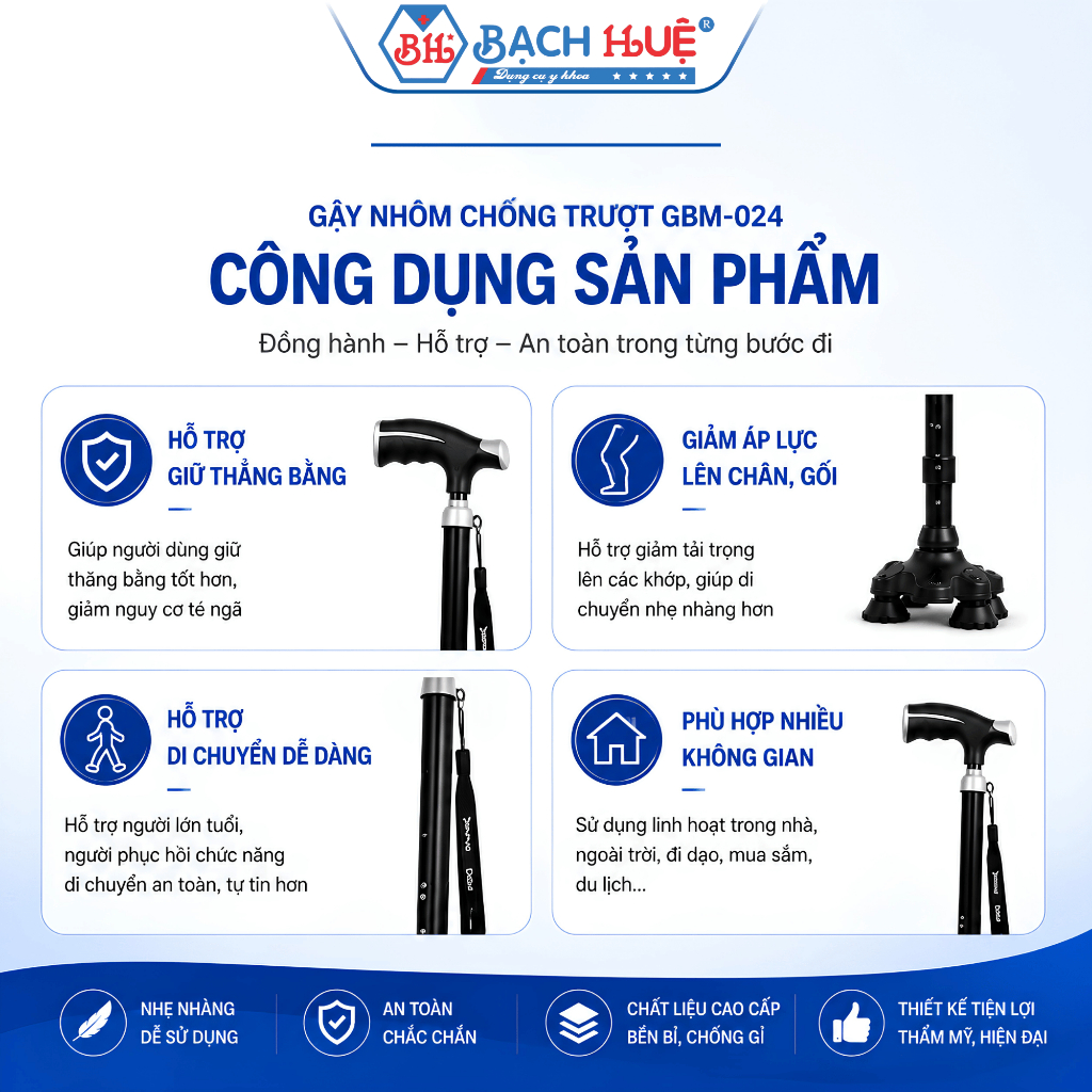 Gậy Nhôm, Gậy Chống Trượt Người Già GBM-024 Cao Cấp Điều Chỉnh Độ Cao - An toàn, tiện lợi