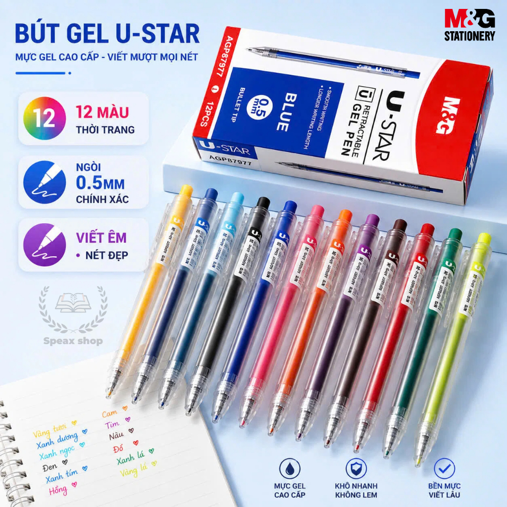 [🔥12 MÀU 2026] Bút Bi Nước Mực Gel Bấm Nhiều Màu Nhanh Khô 0.5mm M&G-Viết Bi Học Sinh Văn Phòng Mực Đều 87977