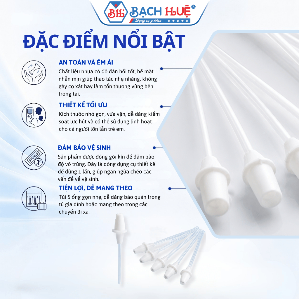 Ống Hút Dịch Tai Bằng Nhựa Mềm Dẻo Dùng 1 Lần - Bịch 5 Ống Hút Rửa Tai Vệ Sinh, An Toàn