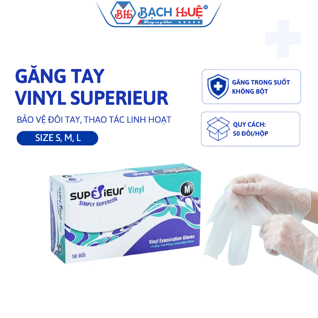 Hộp 50 Đôi Găng Tay Vinyl Superieur Không Bột - Găng Tay Nhựa Dẻo Trong Suốt (Size S/M/L)