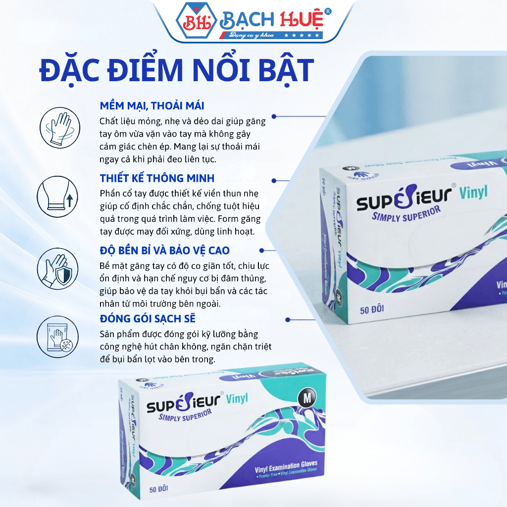 Hộp 50 Đôi Găng Tay Vinyl Superieur Không Bột - Găng Tay Nhựa Dẻo Trong Suốt (Size S/M/L)