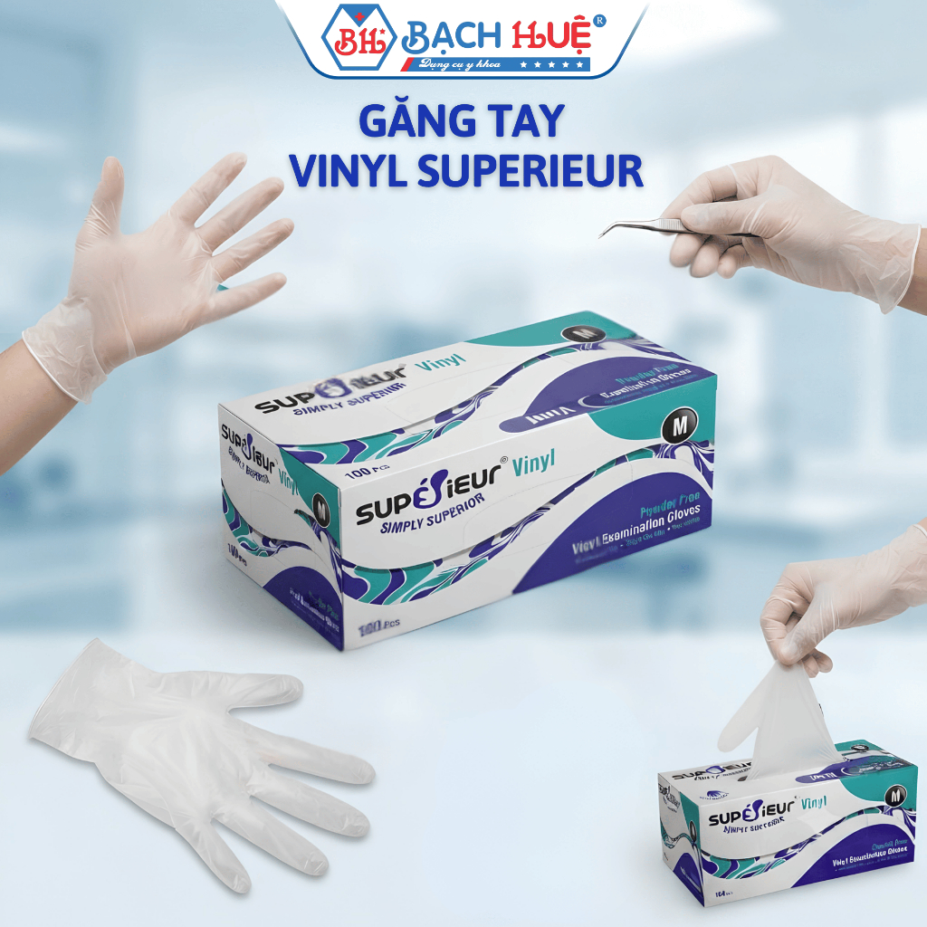Hộp 50 Đôi Găng Tay Vinyl Superieur Không Bột - Găng Tay Nhựa Dẻo Trong Suốt (Size S/M/L)