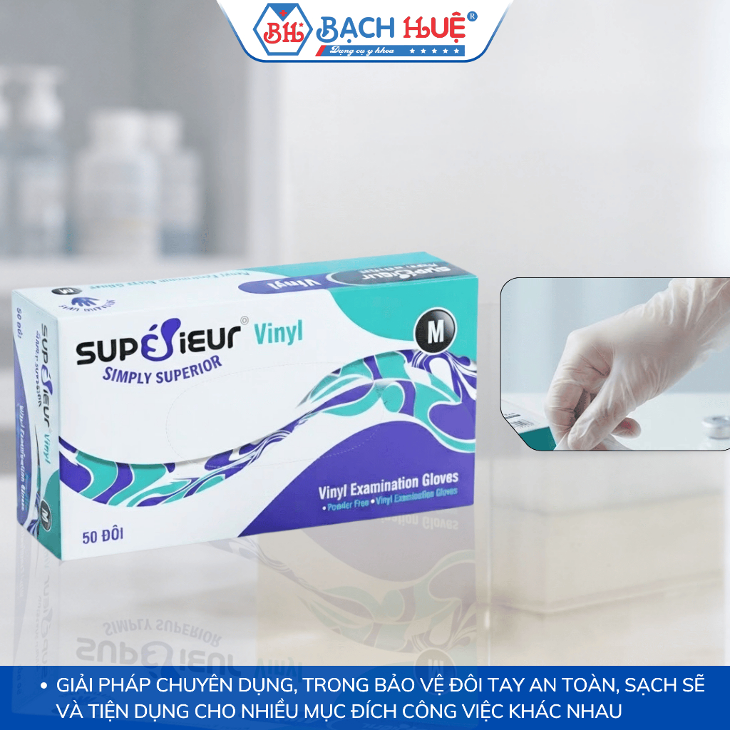 Hộp 50 Đôi Găng Tay Vinyl Superieur Không Bột - Găng Tay Nhựa Dẻo Trong Suốt (Size S/M/L)