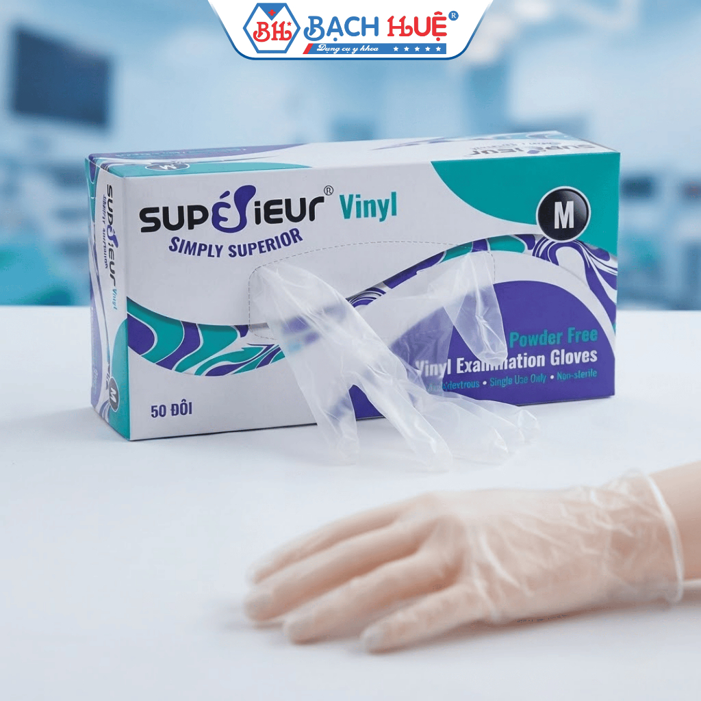 Hộp 50 Đôi Găng Tay Vinyl Superieur Không Bột - Găng Tay Nhựa Dẻo Trong Suốt (Size S/M/L)