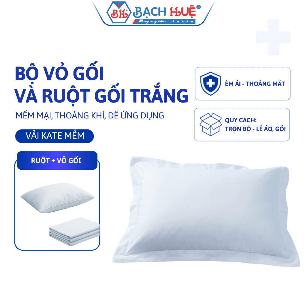 Bộ Vỏ Gối Và Ruột Gối Màu Trắng Vải Kate Mềm Mại (35x50cm / 40x60cm) Dùng Cho Gia Đình, Phòng Khám