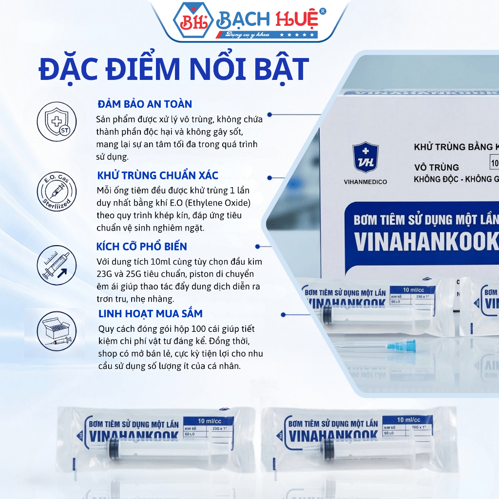 Ống Tiêm Vinahankook 10cc Kèm Kim 23G Và 25G - Hộp 100 Cái Dùng 1 Lần