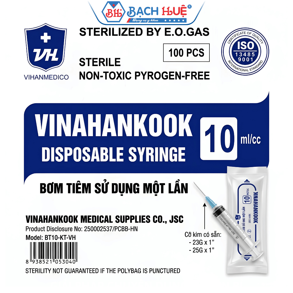 Ống Tiêm Vinahankook 10cc Kèm Kim 23G Và 25G - Hộp 100 Cái Dùng 1 Lần
