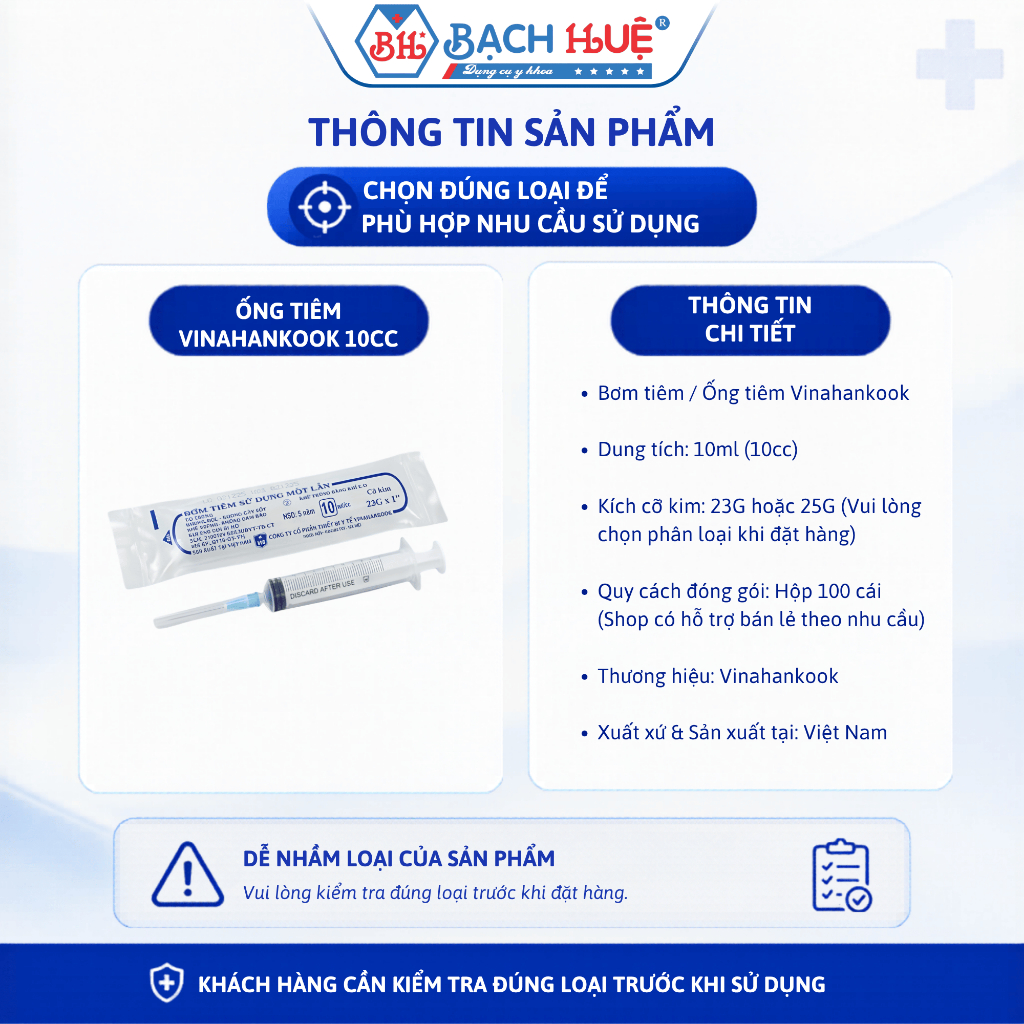 Ống Tiêm Vinahankook 10cc Kèm Kim 23G Và 25G - Hộp 100 Cái Dùng 1 Lần