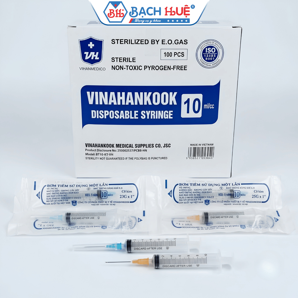 Ống Tiêm Vinahankook 10cc Kèm Kim 23G Và 25G - Hộp 100 Cái Dùng 1 Lần