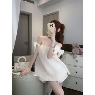 Set Áo Trễ Vai Tơ Dập Ly Phối Nơ Mix Chân Váy Xoè Ngắn Lannie