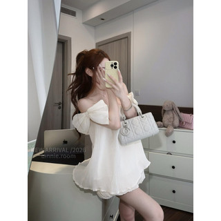 Set Áo Trễ Vai Tơ Dập Ly Phối Nơ Mix Chân Váy Xoè Ngắn Lannie