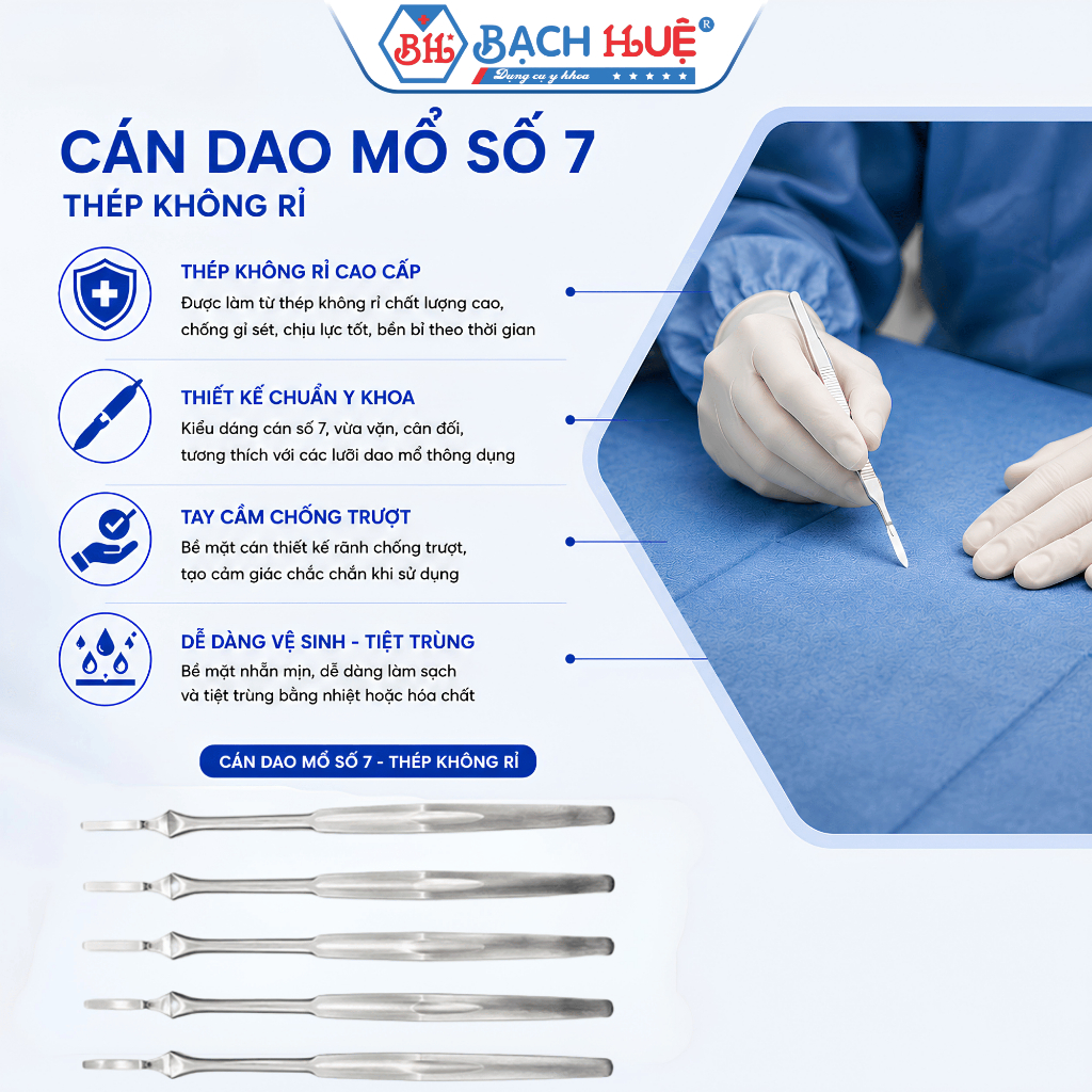 Cán Dao Mổ Số 7 Y Tế Thép Không Rỉ - Cán Cầm Chống Trượt bền chặt, đã tiệt trùng