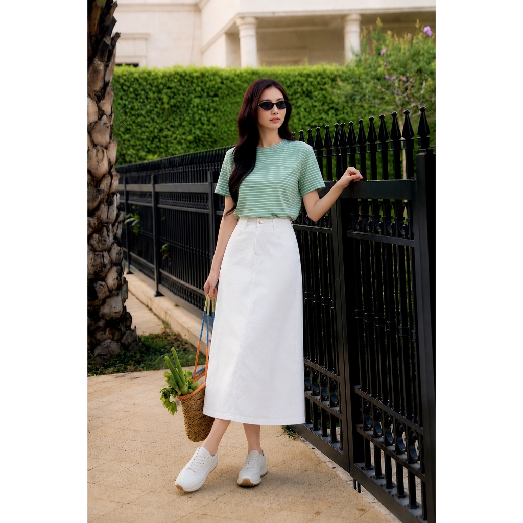 Chân Váy Midi Nữ GUMAC Form A Cạp Cao Chất Denim Mềm Dài Qua Gối Có Túi Dễ Phối Đồ LVG06046