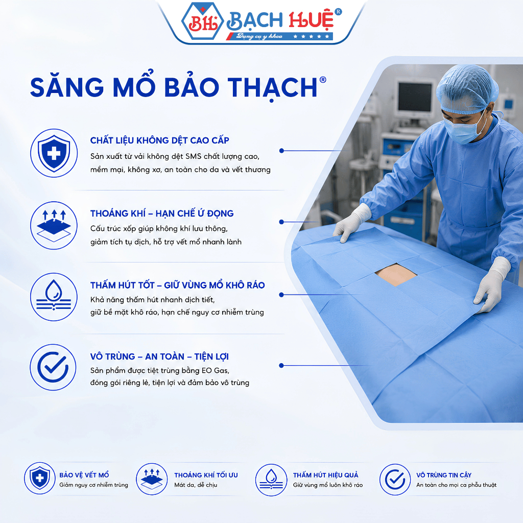 Săng Mổ Bảo Thạch Có Lỗ Và Không Lỗ 50x50cm - Vải Không Dệt Vô Trùng