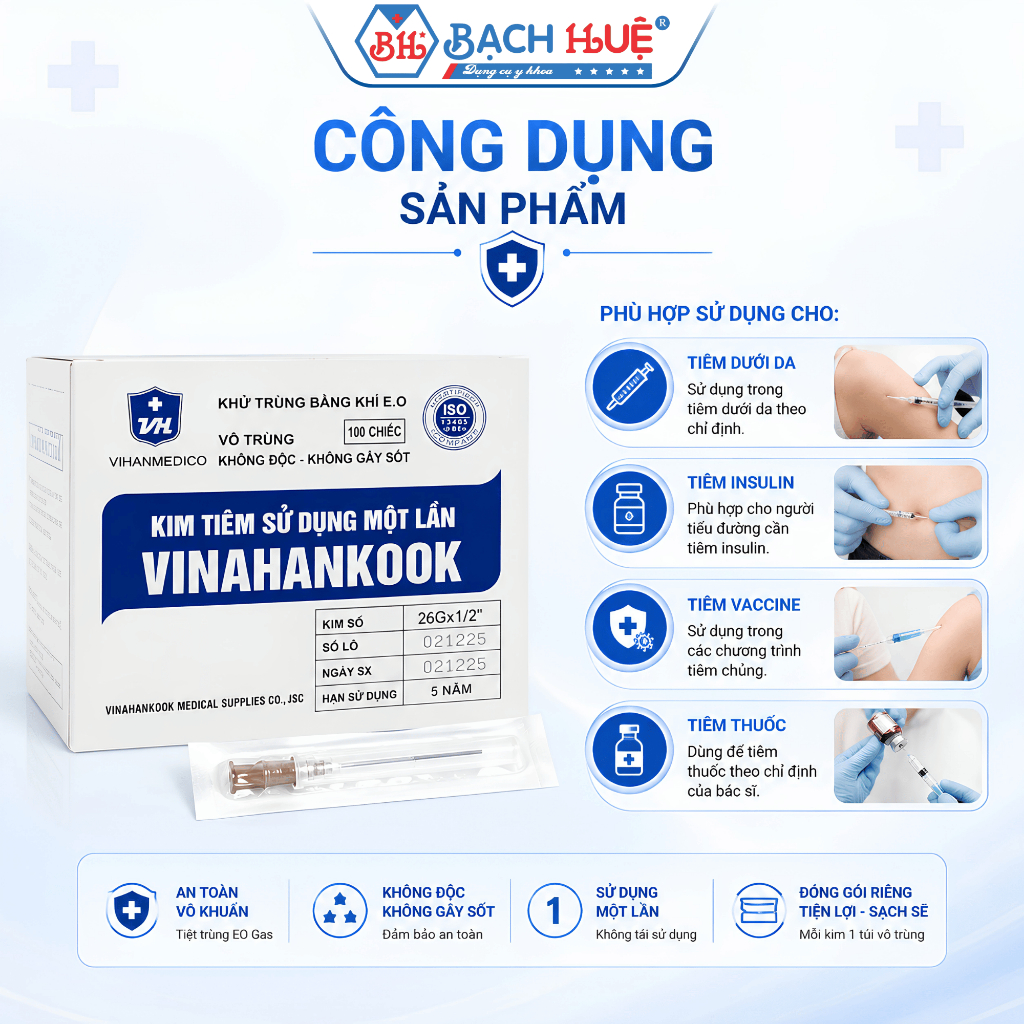 Kim Tiêm Vô Trùng Vinahankook 26G x 1/2 Inch Hộp 100 Chiếc Dùng Một Lần Chính Hãng