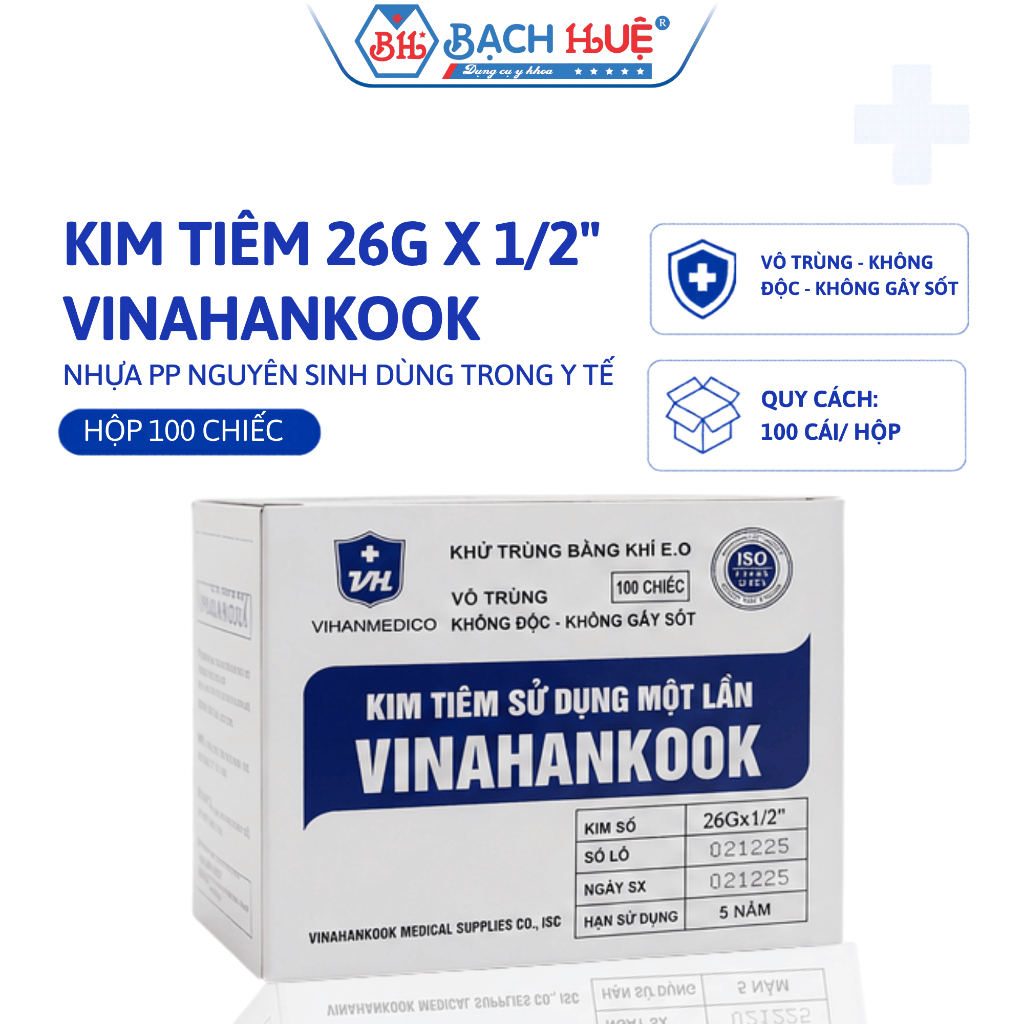 Kim Tiêm Vô Trùng Vinahankook 26G x 1/2 Inch Hộp 100 Chiếc Dùng Một Lần Chính Hãng