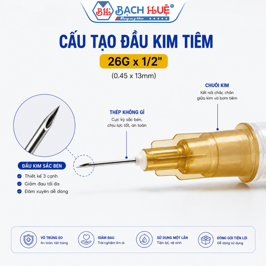 Kim Tiêm Vô Trùng Vinahankook 26G x 1/2 Inch Hộp 100 Chiếc Dùng Một Lần Chính Hãng
