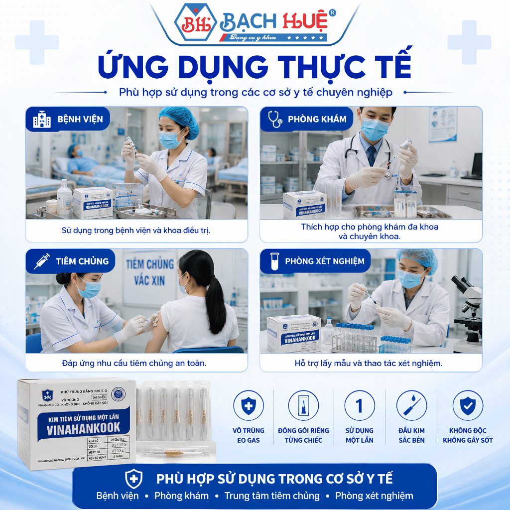 Kim Tiêm Vô Trùng Vinahankook 26G x 1/2 Inch Hộp 100 Chiếc Dùng Một Lần Chính Hãng