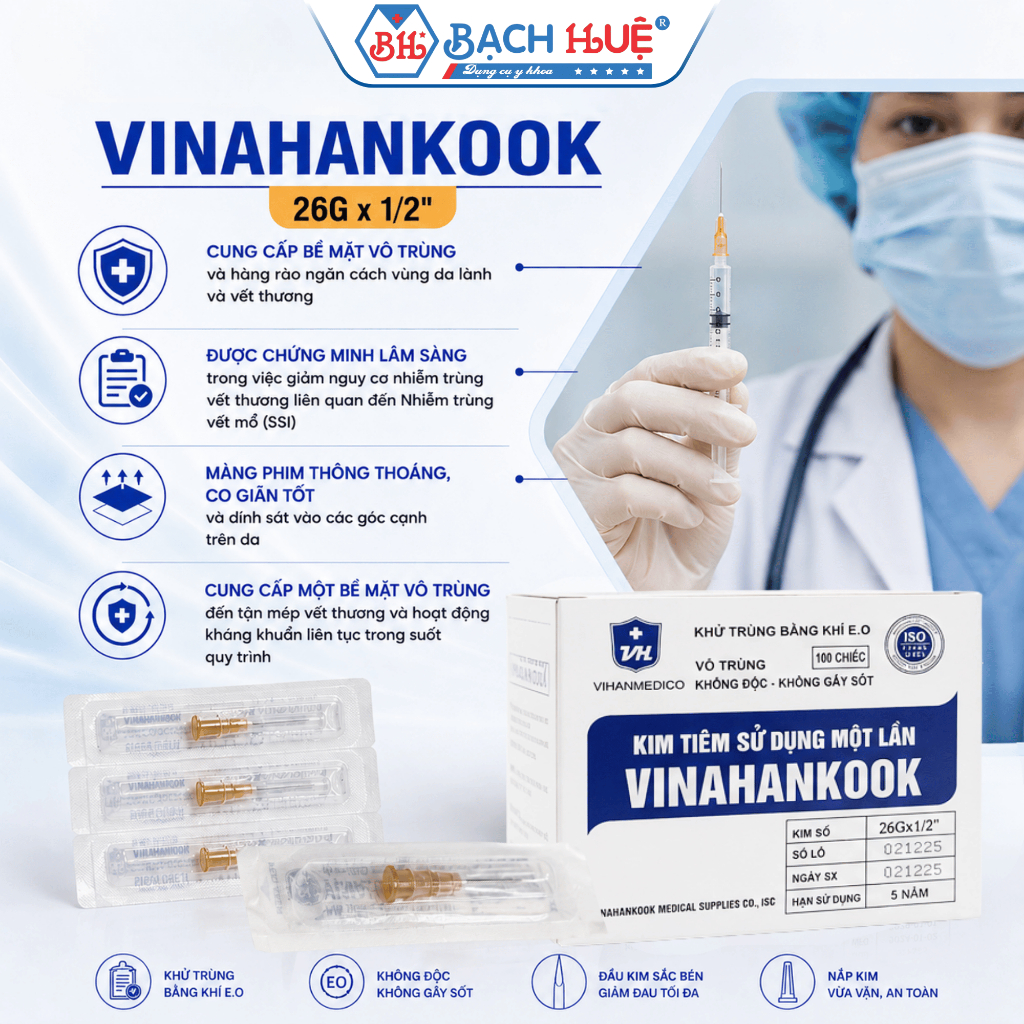 Kim Tiêm Vô Trùng Vinahankook 26G x 1/2 Inch Hộp 100 Chiếc Dùng Một Lần Chính Hãng