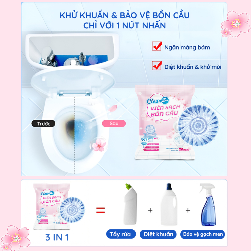 Túi Zip 8 viên sạch bồn cầu CleanZ ngăn mảng bám, khử mùi bồn cầu 50g/viên