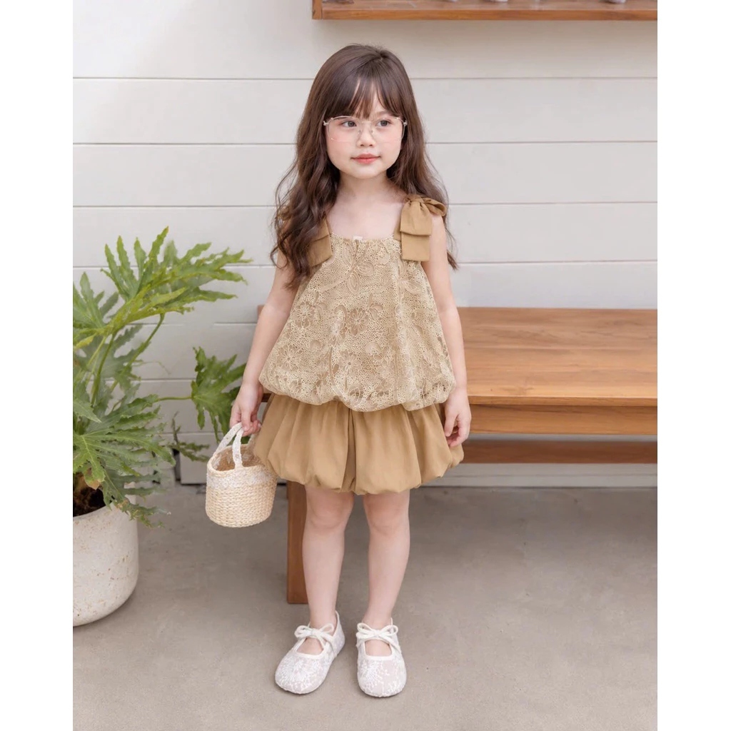 Set Đồ Đôi Mẹ Và Bé Gái, Set Áo Ren 2 Dây Vai Nơ Dáng Bí Phồng 2 Lớp Mix Chân Váy Xinh Xắn