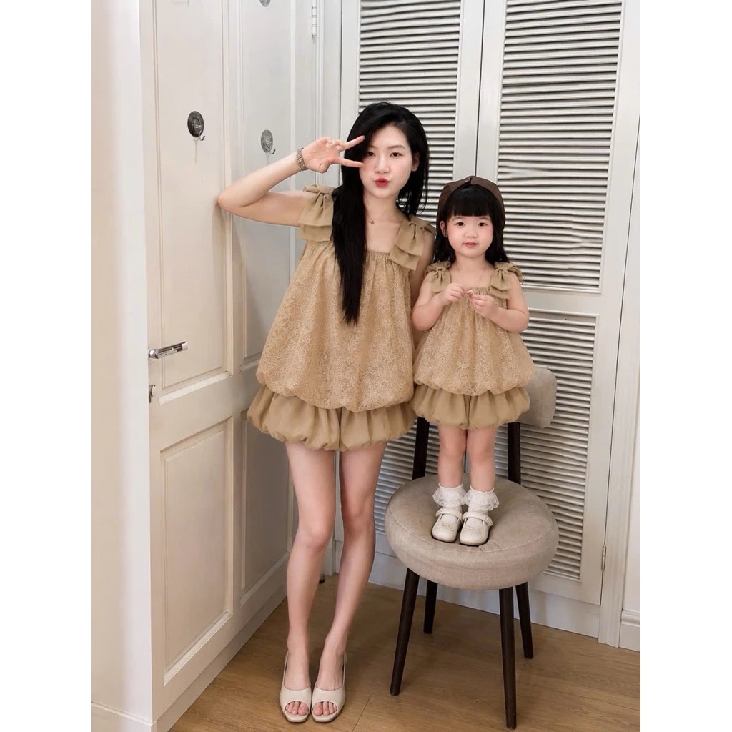 Set Đồ Đôi Mẹ Và Bé Gái, Set Áo Ren 2 Dây Vai Nơ Dáng Bí Phồng 2 Lớp Mix Chân Váy Xinh Xắn