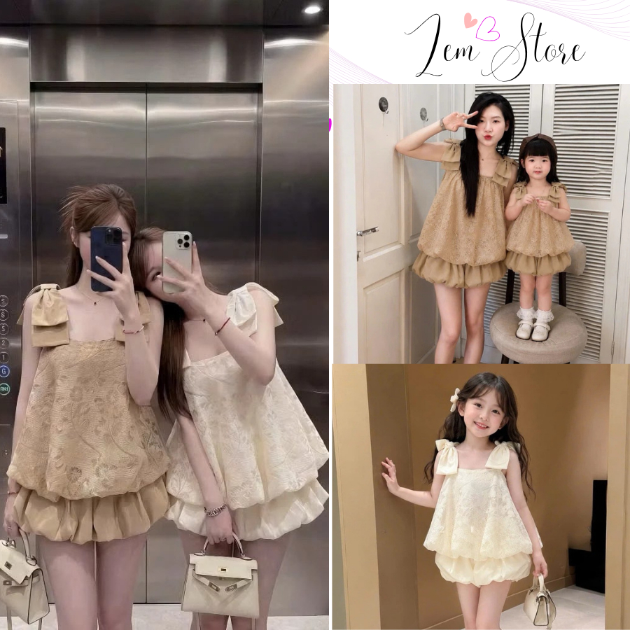 Set Đồ Đôi Mẹ Và Bé Gái, Set Áo Ren 2 Dây Vai Nơ Dáng Bí Phồng 2 Lớp Mix Chân Váy Xinh Xắn
