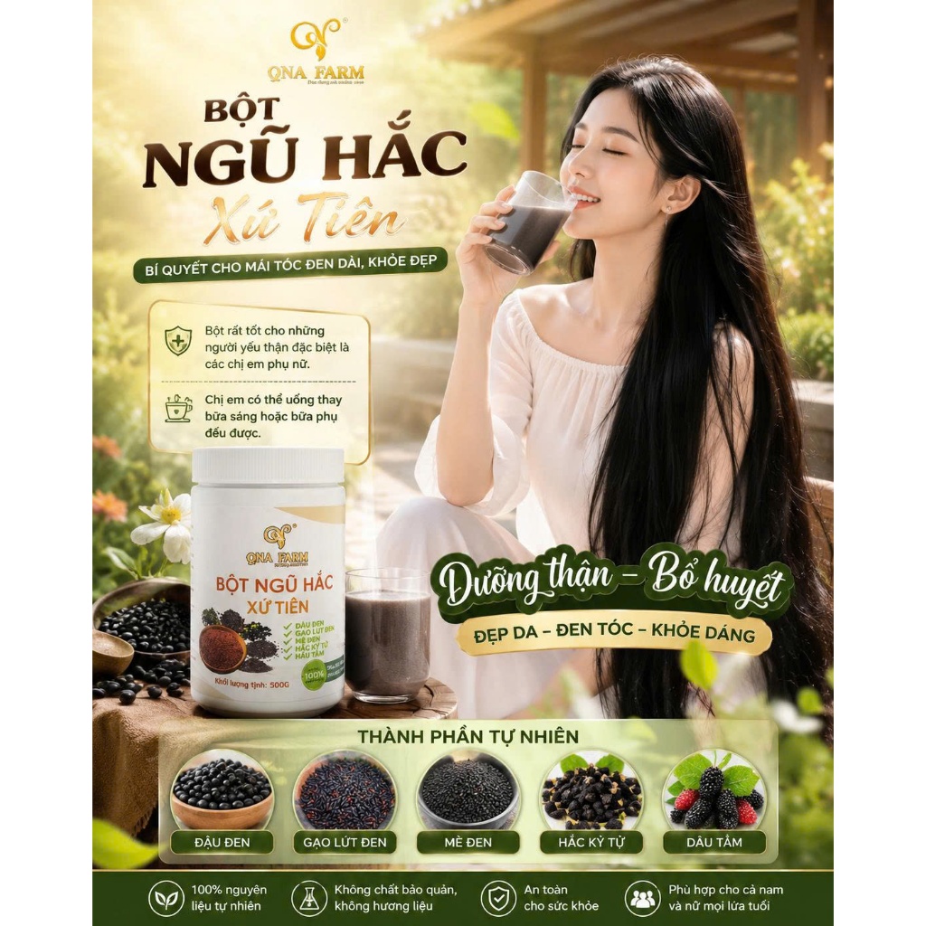Bột ngũ hắc xứ tiên QNA FARM 500g  không đường, rang củi , bổ thận, dưỡng nhan, duy trì vóc dáng